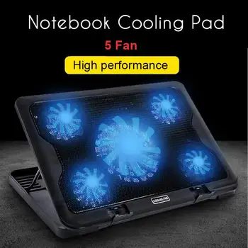 

Gaming Laptop Cooler Notebook Cooling Pad 5 Silent Blue LED Fans 2USB Port Powerful Air Flow Portable Adjustable Laptop Stand