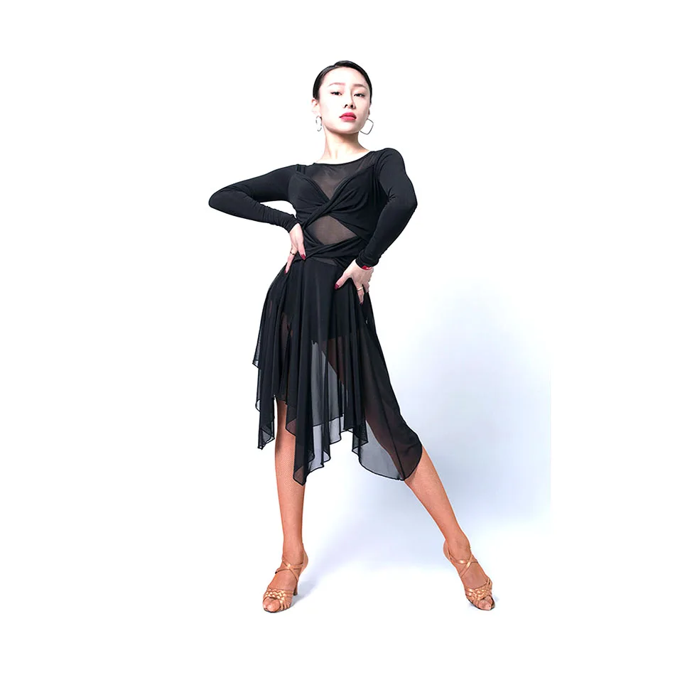 

Latin Dance Dress Women Long Sleeve Chiffon Skirt Dress for Ballroom Samba Tango Chacha Dancing Performamnce L9608