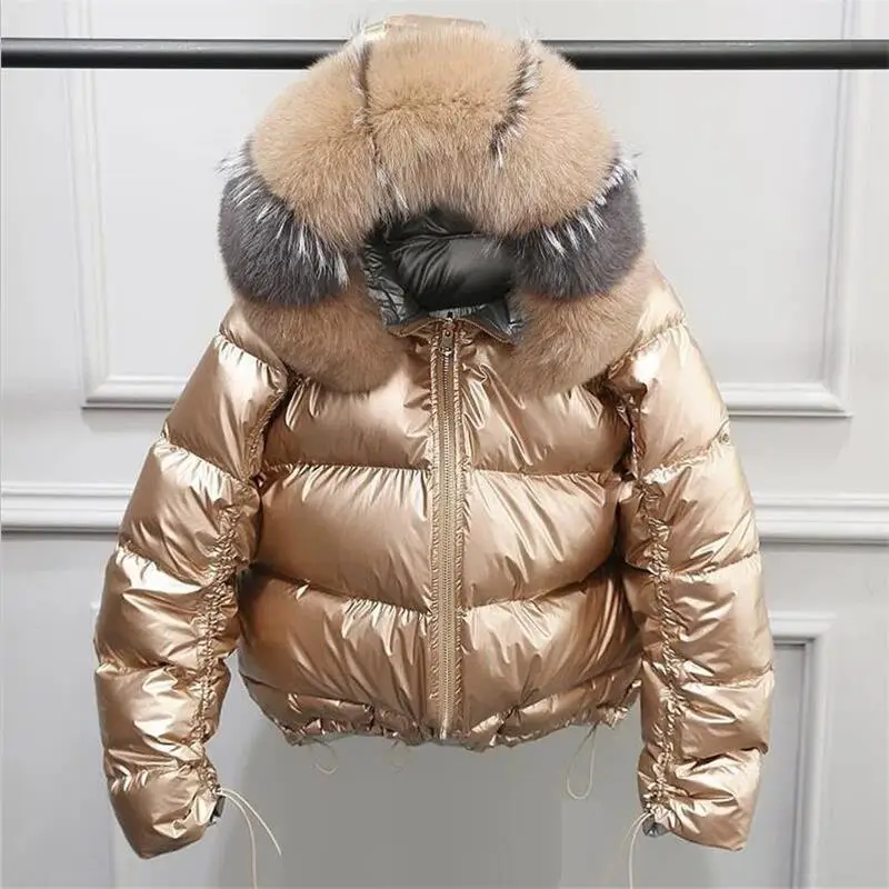 New Women Down Coat Double-sided Wear Winter Jacket Women Waterproof Female Short Coat Big Real Fur Collar Ladies Clothing - Цвет: Gold 1