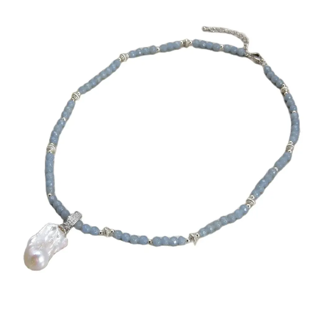 GG Joyer a 19 Natural 6mm Azul Angelita Collar Cultivado Blanco Keshi 