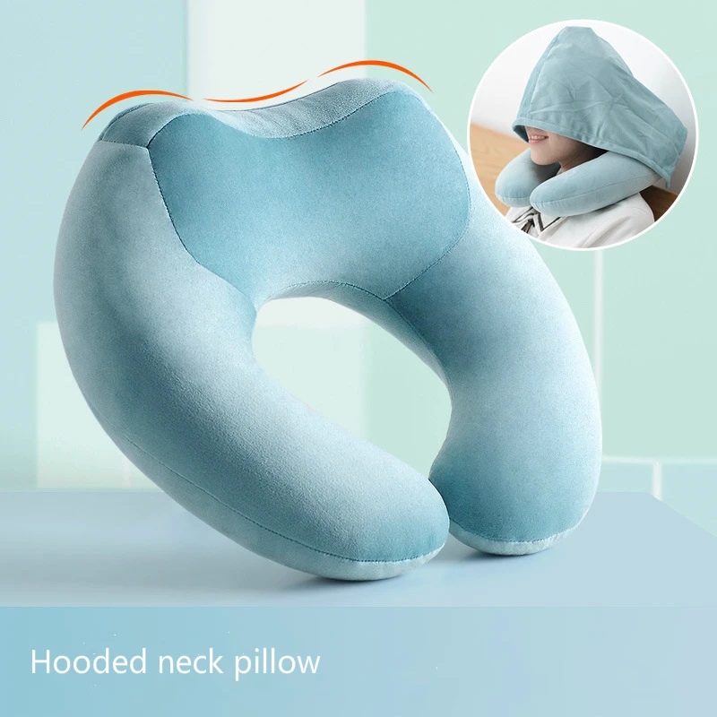 

1PC Hooded Neck Pillow U-shaped Pillows Travel Outdoor Comfortable Pillow For Sleep Train Plane Office Portable Blue