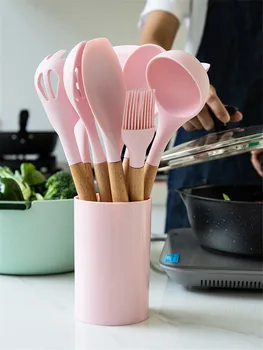 

1Pc Pink Non-stick Silicone Baking Cooking Tools Wooden Handle Spatula Shovel Eggbeater Kitchen Utensils Cookware Tool