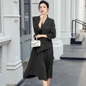 

2020 New Modis Streetwear Solid OL Office Work Two Piece Set Black Blazer and Midi Pleated Dress Women 2 Piece Set Plus Size