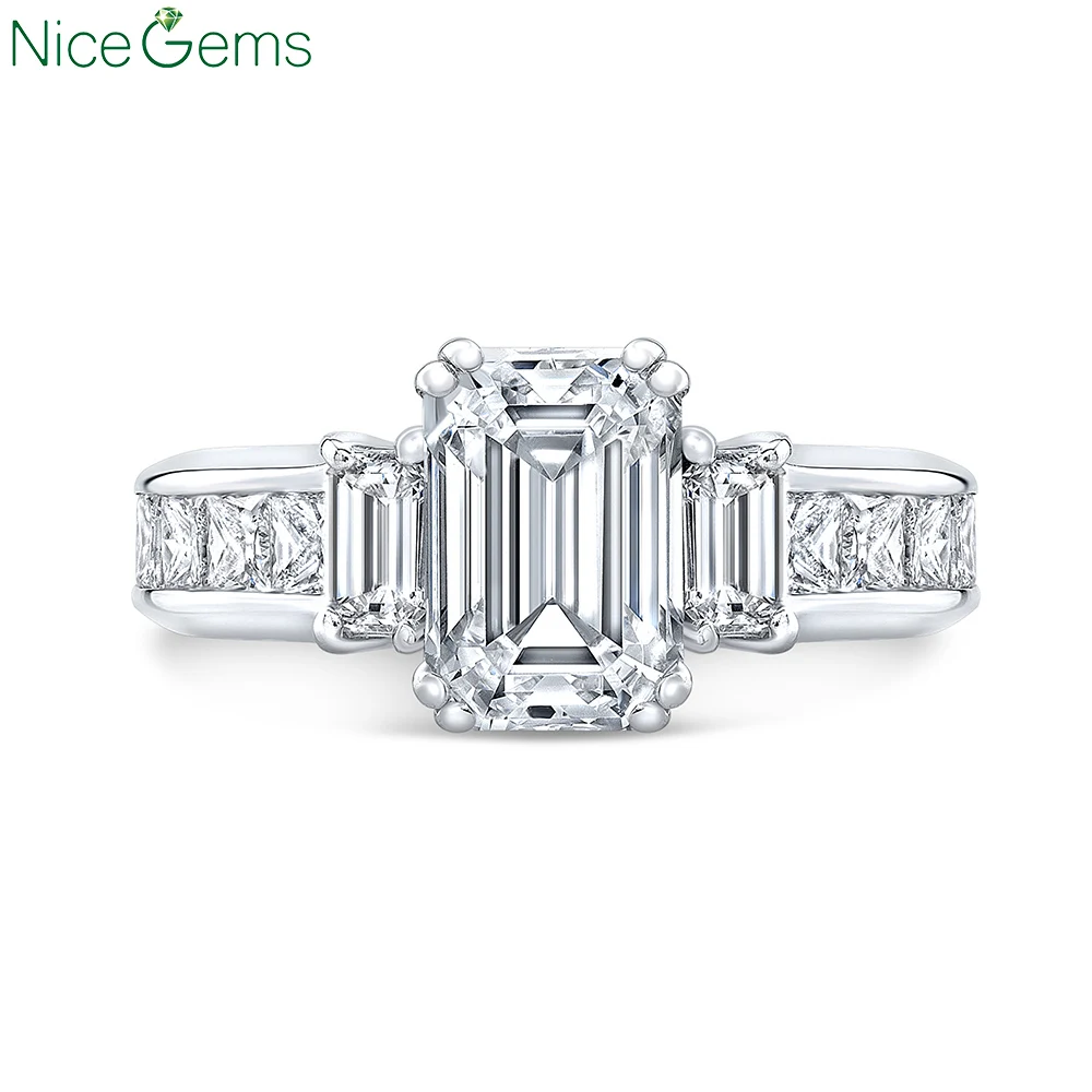 NiceGems Белое золото 14 карат Изумрудное кольцо с тремя камнями центр 2.5CT DF Цвет 5.1CTW