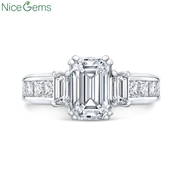 

NiceGems 14K White Gold Emerald Cut Three Stone Ring Center 2.5CT DF Color 5.1CTW Moissanite Diamond Engagement Ring with Accent