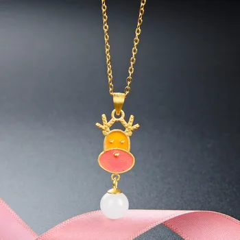 

Hemiston 925 Sterling Silver Christmas Elk White jade beads 45CM Necklaces For Women Jewelry Friend Gift