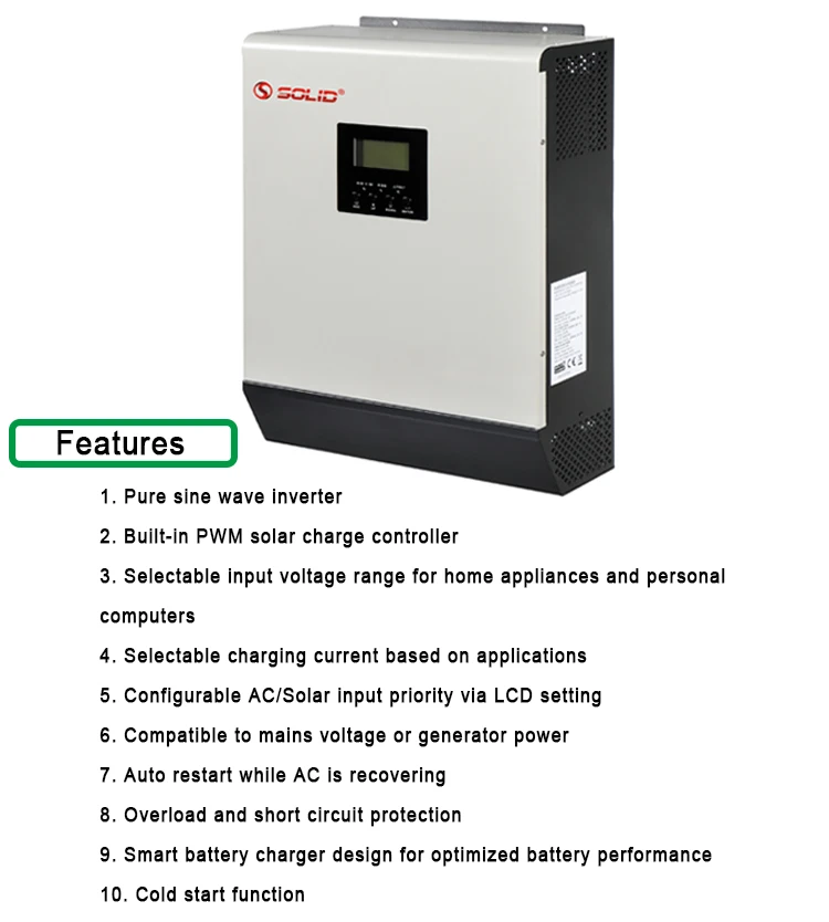SOLID 800W 1000VA 1000w 1000 watt 1 kva 1200 watt 1kw 1 kw off grid hybrid solar inverter price with MPPT charge controller
