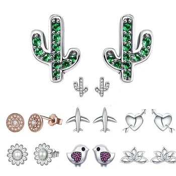 

BISAER 925 Sterling Silver Bird Plane Bowknot Cactus Butterfly Small Stud Earrings for Women Brincos Fashion 2019 Argent Bijoux