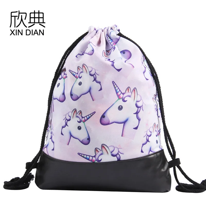 

Amazon New PU Leather Bottom Bundle Pocket Printed Unicorn Shoulder Backpack Drawstring Bag