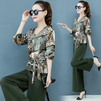 

2020 Spring New Women's Suits V-Neck Leopard Bow Sashes Tops And High Waist Wide Leg Pants Fashion Two Pieces Set Clothes D968