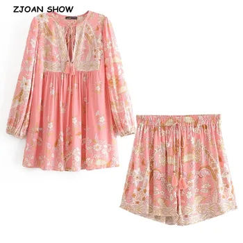 

2020 Bohemian Lacing up Tassel Floral Shirt BOHO Women Elastic Waist Mini Short Shorts Long Sleeve Blouse Holiday 2 Pieces Set