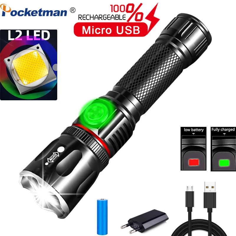 

50000LM Multifunctional LED Flashlight L2 T6 USB Rechargeable battery Powerful COB Zoom torch linterna tail magnet Work Light