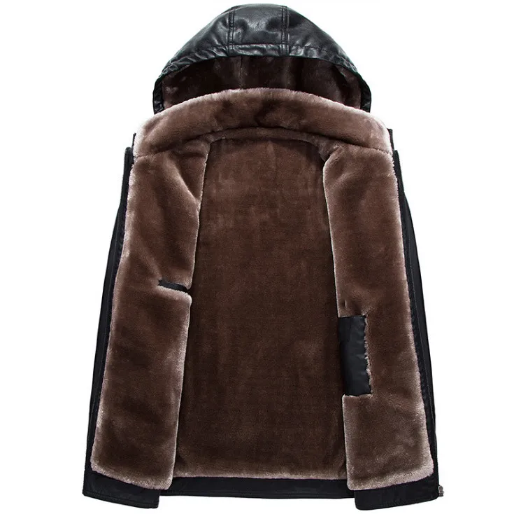 Зимняя кожаная мужская куртка высшего качества, пальто из искусственного меха, новые толстые повседневные мужские кожаные куртки с капюшоном