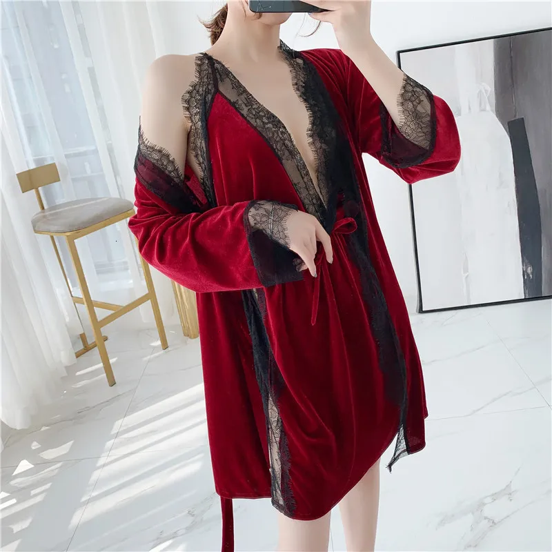 Winter New 2 Pcs Gold Velvet Robe Set Keep Warm Thicken Woman Spaghetti Strap Robe Twinset Bathrobe