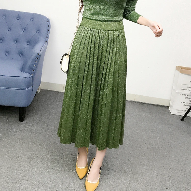 Новая Женская Блестящая юбка миди с высокой талией корейская мода; Слим трапециевидная юбка осень-зима женские теплые плиссированные юбки