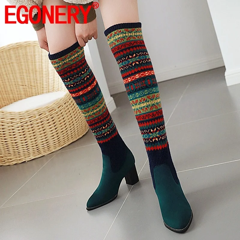 

EGONERY winter warm newest fashion knee high boots outside high heels pointed toe flock mixed colors women shoes drop shipping