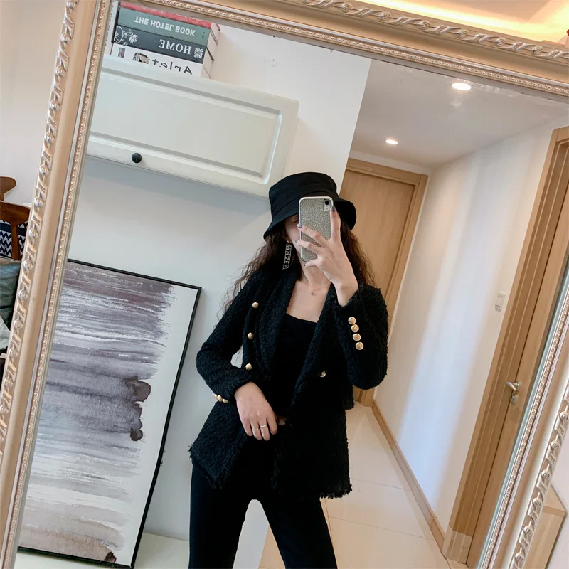 Deals 2020 New Black Woolen Coat Women Medium and Long Style Slimming Style Leisure Black Tweed Suit Coat