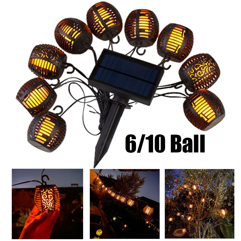 

Solar String Lights LED Outdoor Waterproof Flickering Flame Hanging Solar Lantern Lawn Lamp with 6/10 Ball for Patio Garden Yard