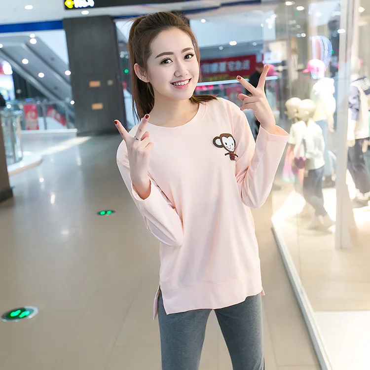

Spring And Autumn New Style WOMEN'S Dress Crew Neck Pure Cotton Comes with Chest Pad Pajamas Long Sleeve Trousers Home Wear Kore