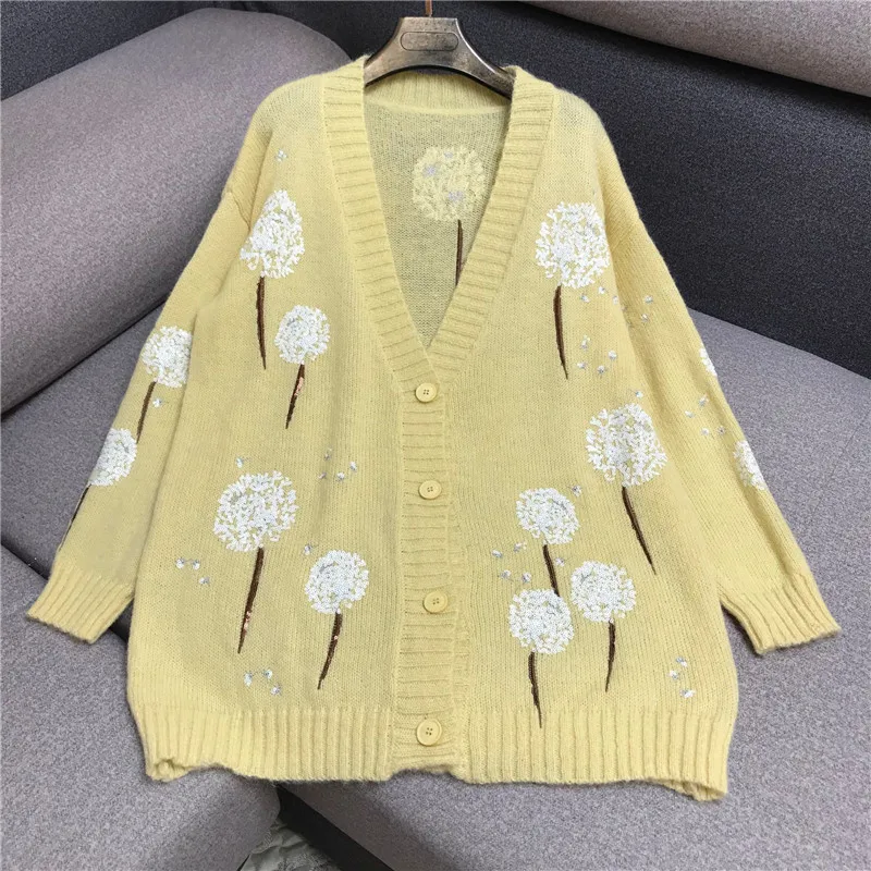 

Luxury Designer Brand Knitted Sweater for Women Vintage V Neck Dandelion Sequined Embroidery Loose Knitted Cardigans Sweater