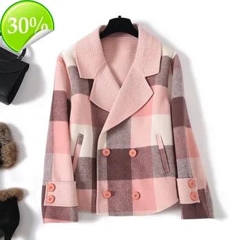 

Wool 100% Short Coat Women Double-sided Wool Jacket Korean Pink Plaid Coat Overcoat Abrigos Mujer Elegante 2020 CYA0270 KJ4056