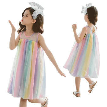 

rainbow dress age for 3 - 12 years little girls summer beach clothes cute colorful lace tulle gowns sleeveless loose kids frocks