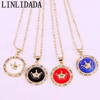

8Pcs New Fashion Shiny Rainbow Crystal Zirconia Gold Color Enamel Crown Round Pendant Necklace For Women Girl
