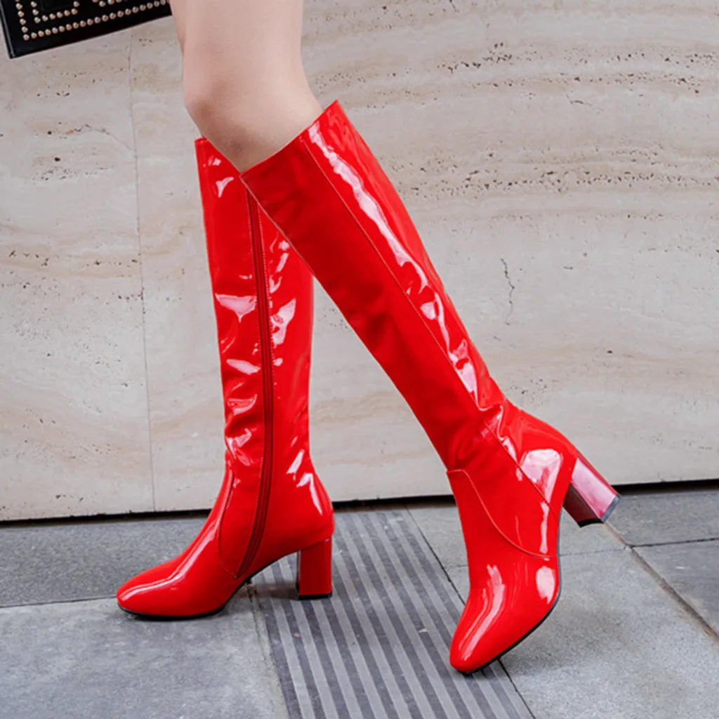 SAGACE Women Boots Solid Pattent Leather Square Toe Knee High Boots 6cm Block Heels Zipper Thick Heels Leather Shoes Botte Femme