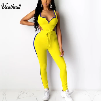 

Zipper Sleveless Two Piece Set Women Clothes Sexy Club Outfits Cut Out Bodysuit+side Patchwork Pants Suit 2piece Matching Sets