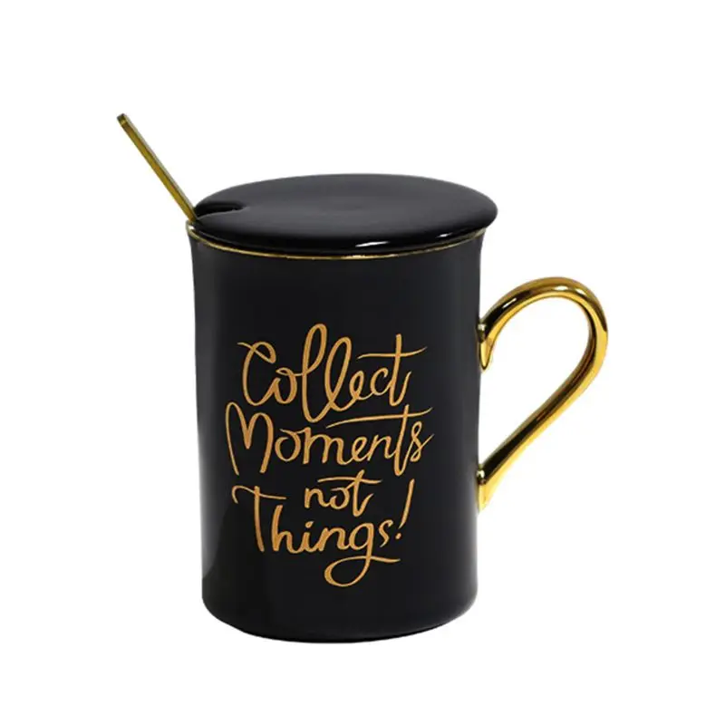 A Керамическая кружка с крышкой "Collect moments not things", ложка из нержавеющей стали, чайная чашка - Цвет: A