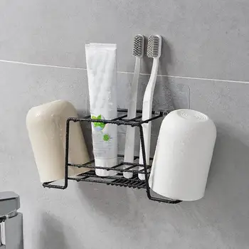 

No Drilling Durable Toothbrush Holder Home Wrought Iron Bathroom Cup Wall Mount Iron Mesh Shelf Basket Cupboard Cabinet Door