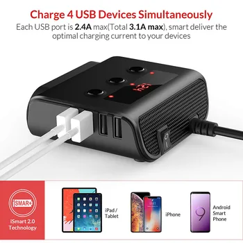 

12V/24V Car Lighter Splitter 3 Sockets 4 USB Ports Fast Charger On/Off Switch Replacebale 10A Fuse Car Lighter