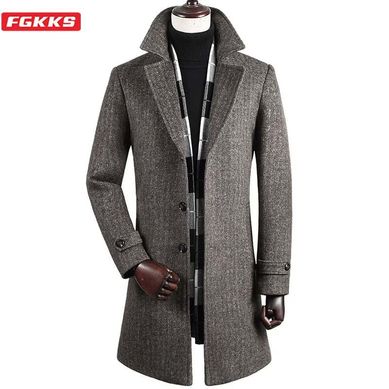 FGKKS Winter New Wool Blend Coat Men Brand Men's Fashion With Scarf Overcoat Trendy Long Section Wool Coats Male Clothing FGKKS Winter New Wool Blend Coat Men Brand Men's Fashion With Scarf Overcoat Trendy Long Section Wool Coats Male Clothing