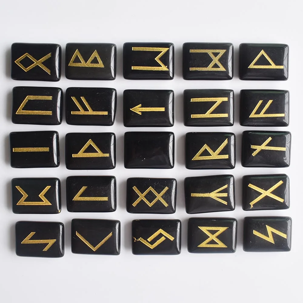 

Wholesale 25pcs/lot Natural black onyx Viking Runes Amulet Set Reiki Healing Crystals Divination Tumbled rectangle Stones free