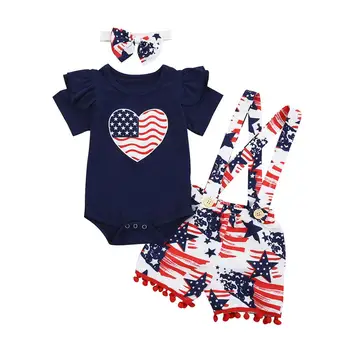 

Baby Girls Clothes Flying Sleeve Jumpsuit Fashion Printed Suspender Shorts Headband