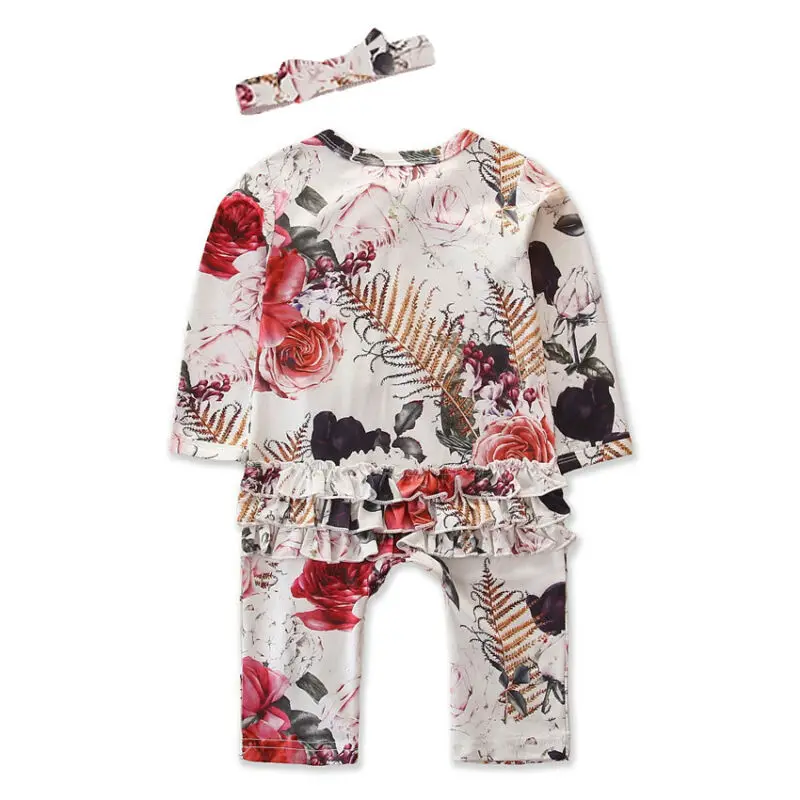 Newborn baby girl romper rose ruffled long sleeve zipper jumpsuit + headwear comfortable newborn girl clothes
