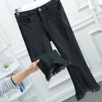

Flare Jeans For Women Denim Capri Pants 2020 Spring Summer High Waist Tassel Mon Jeans Black Blue Plus Size 5XL