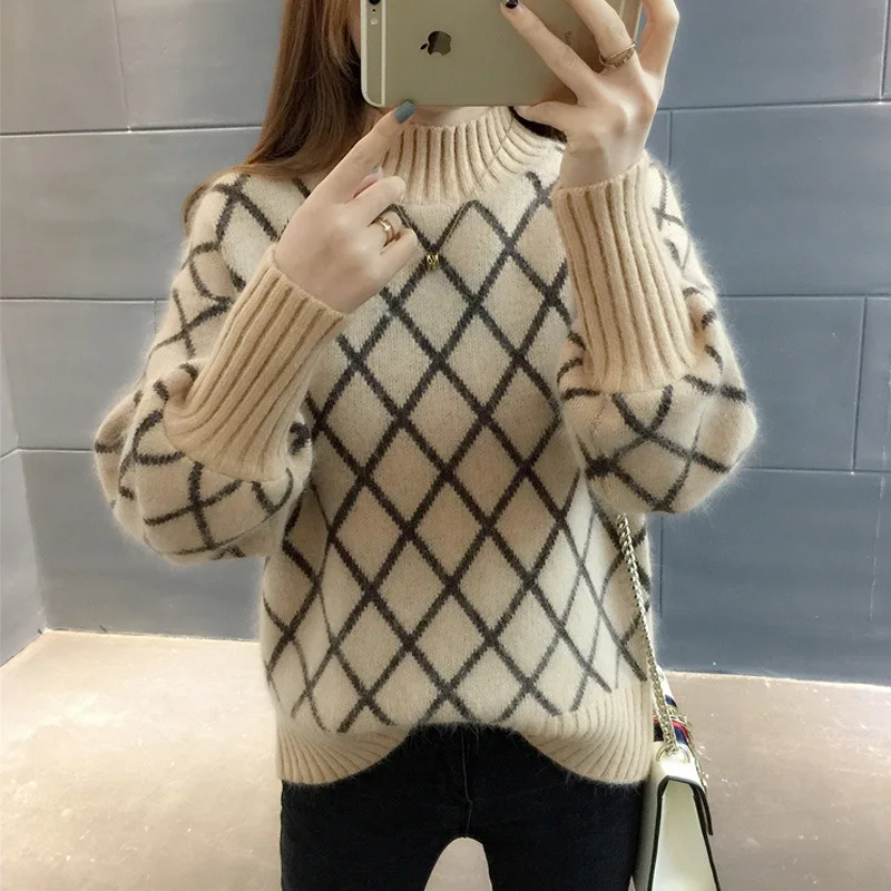 

Women Sweater Fashion Autumn Winter Casual Vintage Turtleneck Knitted Pullovers Loose Lantern Sleeve Sweater Female