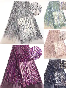 

High Quality African Lace Fabric French Net Gold Line Embroidery Sequins Tulle Lace Fabric for Nigerian Party Dress
