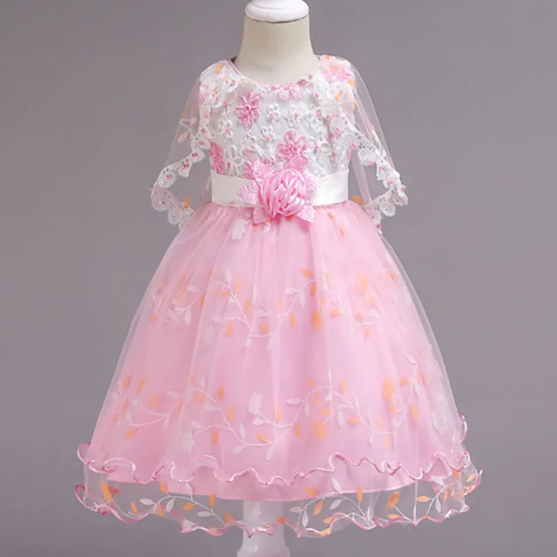 New girls embroidered shawl beaded princess dress performance flower fairy host children's clothing 3-12 years - Color: Pink