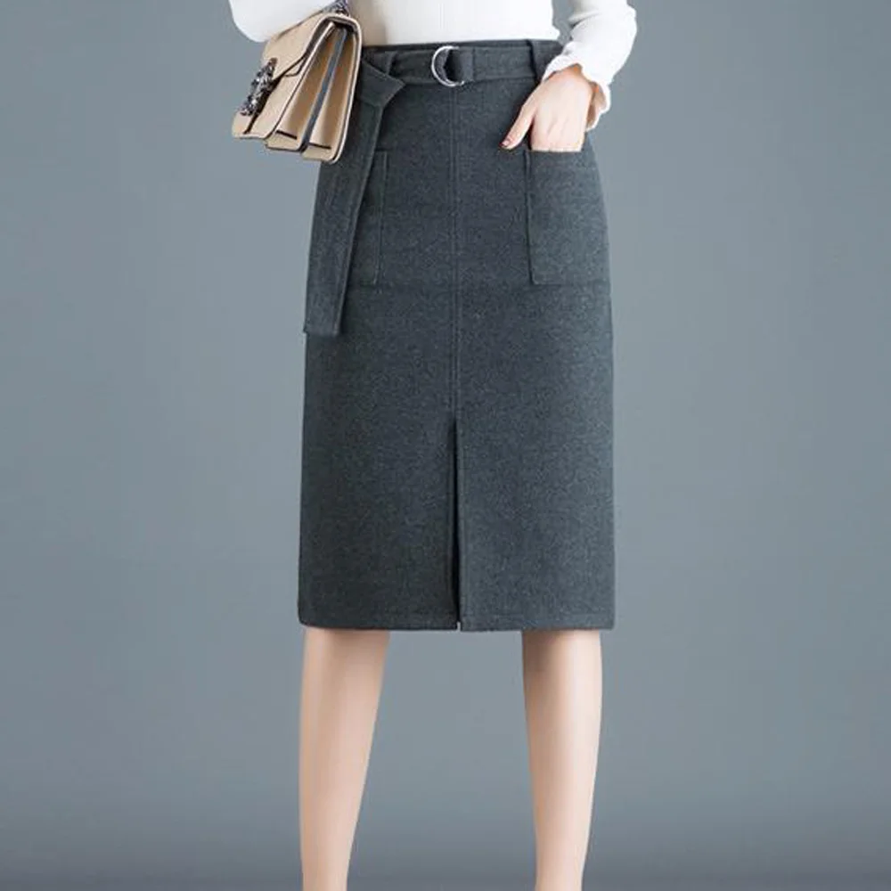Woolen Skirt Женская осенне-зимняя шерстяная юбка с высокой талией, Офисная Женская облегающая юбка миди в Корейском стиле, большие размеры 3XL, шерстяные юбки черного цвета - Цвет: Woolen Skirt