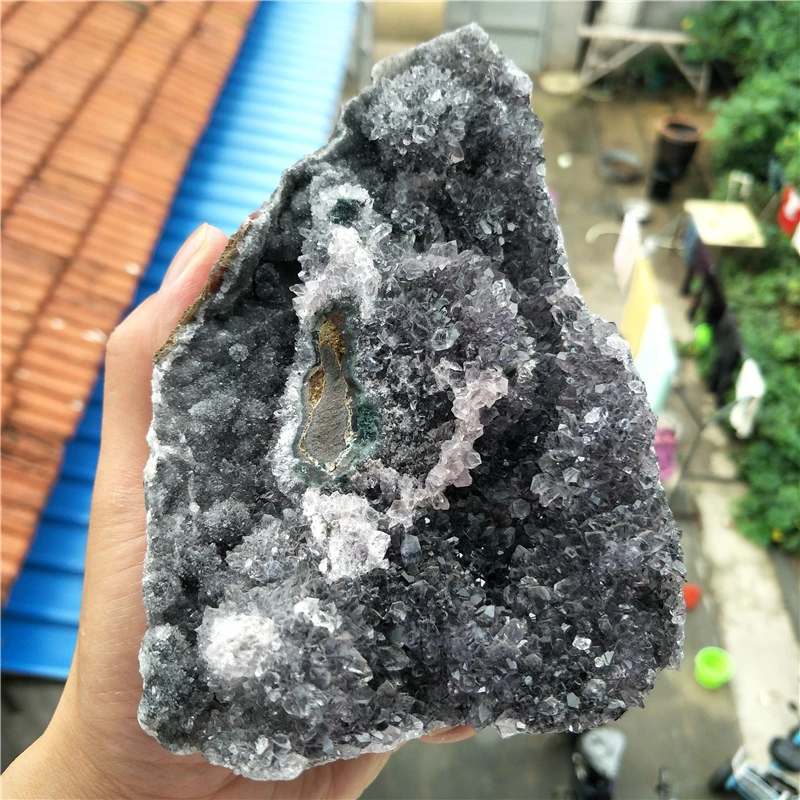 

big natural greyish-green amethyst geode cluster free stand chakra spirit healing crystal gemstone as a gift for her