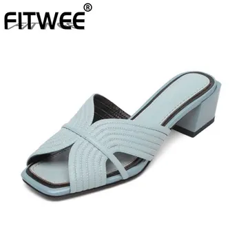 

FITWEE Women Sandals Shoes Fashion Peep Toe Square Heels Shoes Women Solid Color Slippers Genuine Leather Footwear Size 33-40