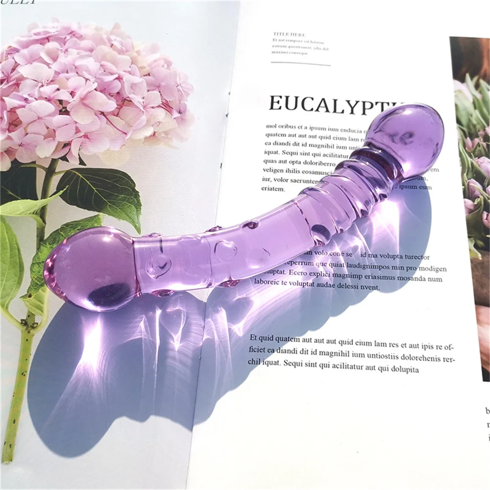 Double Ended Crystal Purple Pyrex Glass Dildo, Artificial Penis Granule and Spiral G Spot Simulator Adult Sex Toys for Woman