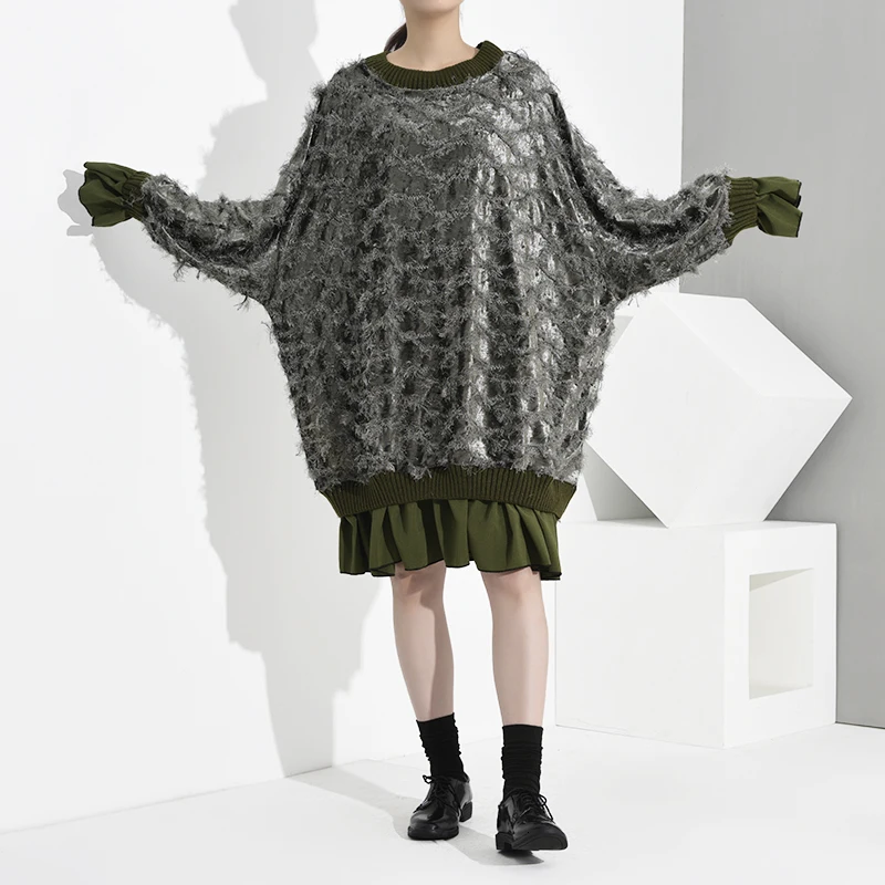 [EAM] Women Green Tassels Ruffles Split Big Size Dress New Round Neck Long Sleeve Loose Fit Fashion Spring Autumn 1K667