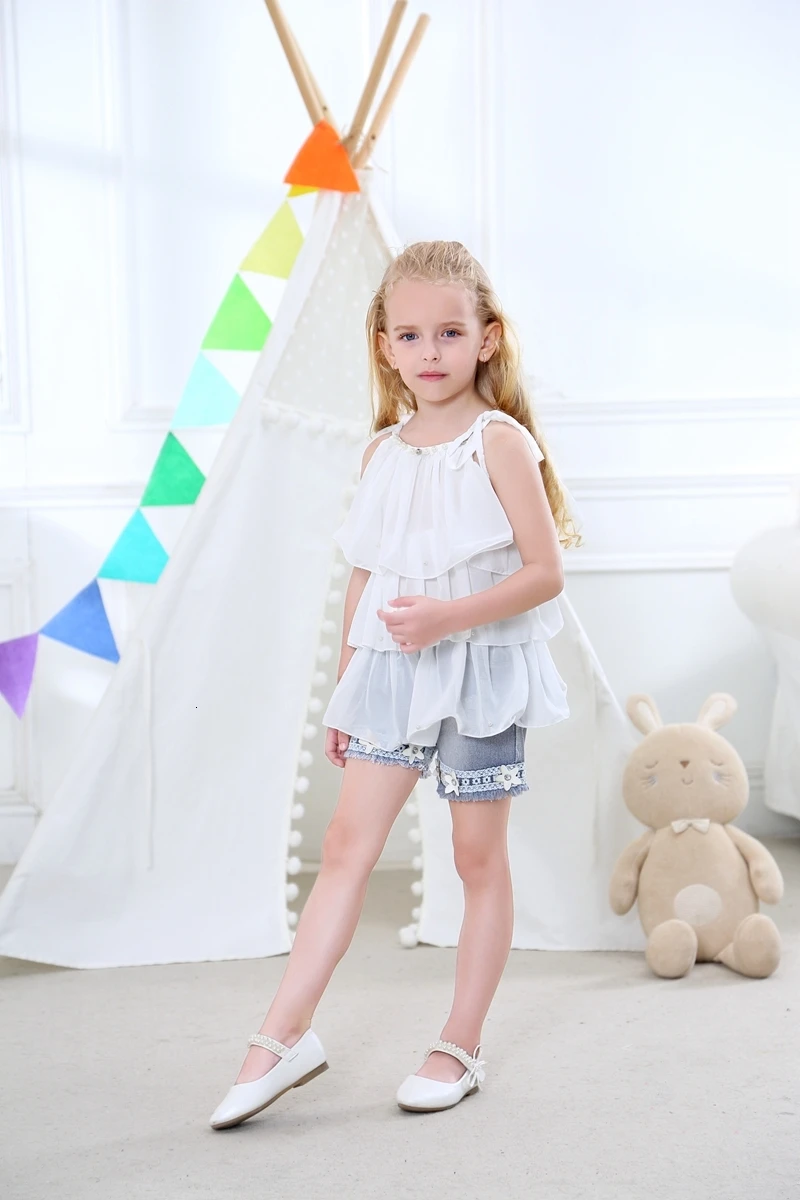 AiLe Rabbit/летняя детская одежда в Корейском стиле шифоновое нарядное боди с ремешком на шее для девочек, 2 предмета, топ на бретельках с жемчужинами и цветами, джинсовый Детский комплект K1