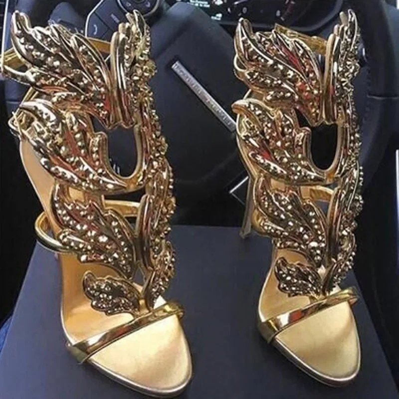 

Bling Bling Crystal Drilled Angle Wings Sandals Shiner Plated Rhinestone Leafs Strappy Buckled Mujer Zapatos High Heels Shoes