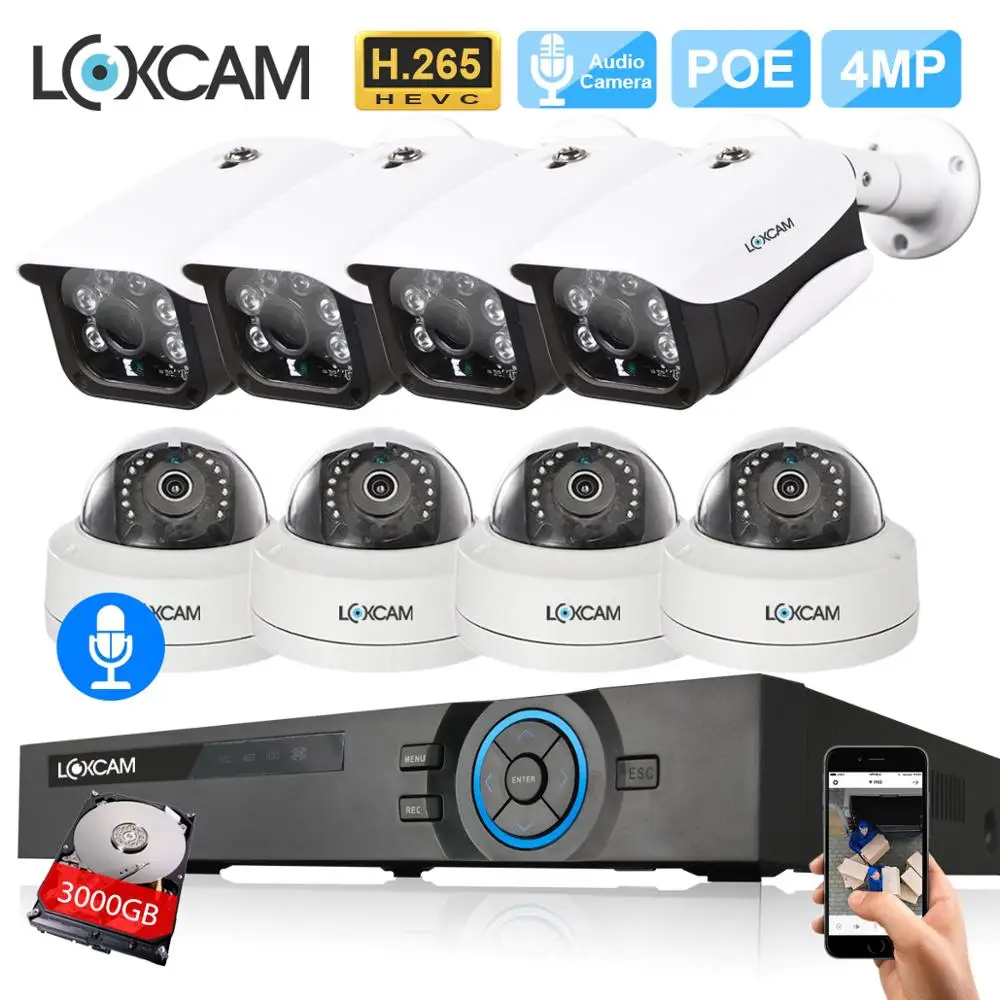 

LOXCAM H.265+ 8CH 4MP CCTV System Security POE NVR Kit 48V 4MP Audio Indoor Outdoor VandalProof IP Camera video Surveillance kit