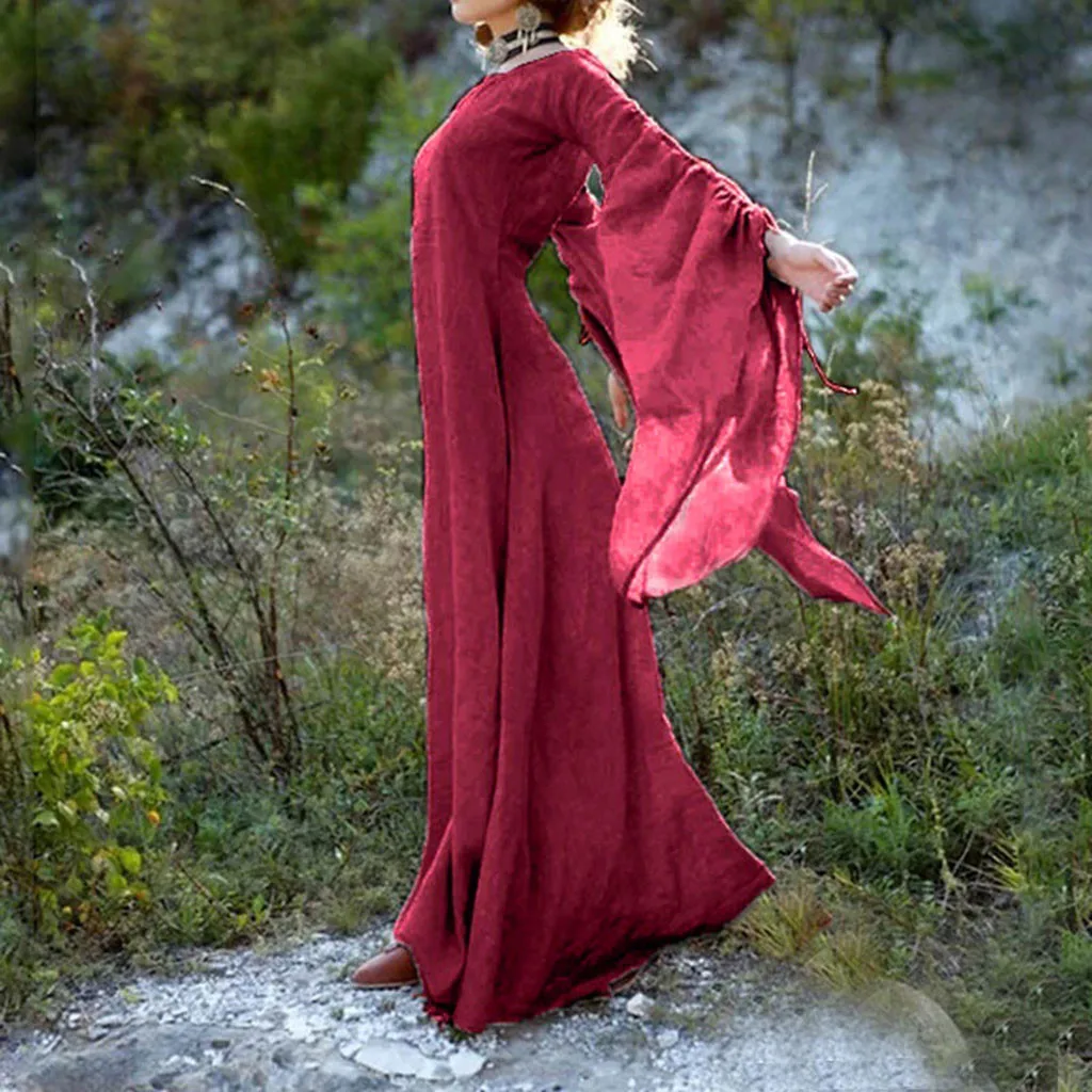 Женские Хэллоуин одноцветное длинное платье Для женщин осенне-зимние средневековая готика Ретро Бальные платья с длинным рукавом Maxi Dress Vestidos плюс Размеры