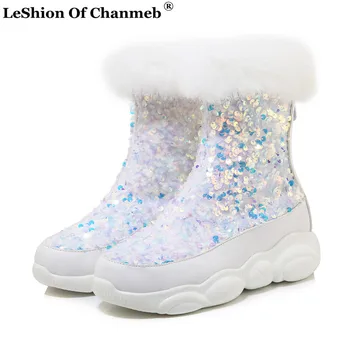 

Women's Hot Sale Fashion Glitter Sequins Shiny Snow Boots Woman Warm Real Rabbit Fur Lined Winter Boots Sneakers Ladies Shoes 46